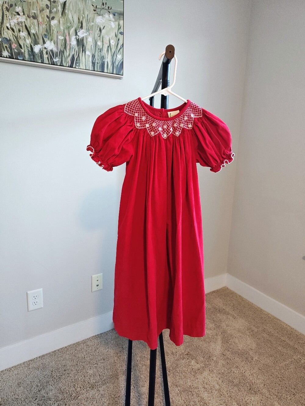 Classic Red Smocked Kids Puff Sleeve Dress